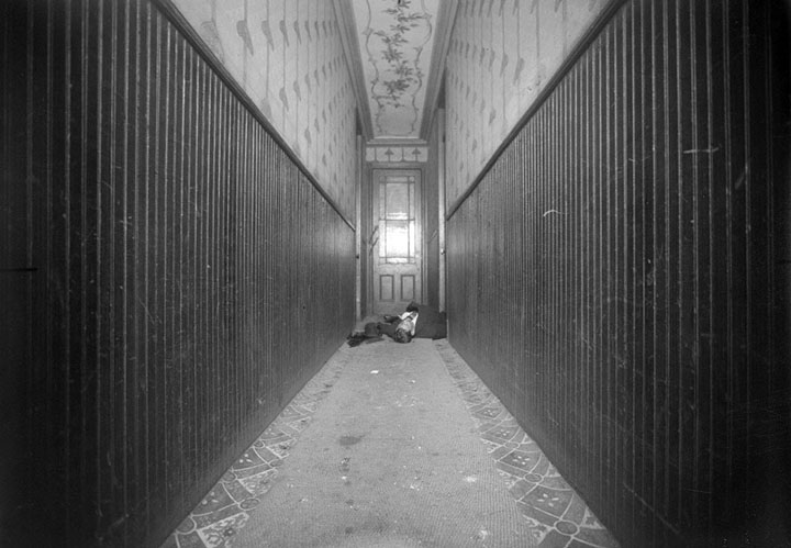 New York Police Department evidence photo, homicide scene. Jos Kellner, 404 East 54th Street, murdered in hallway, on January 7, 1916.