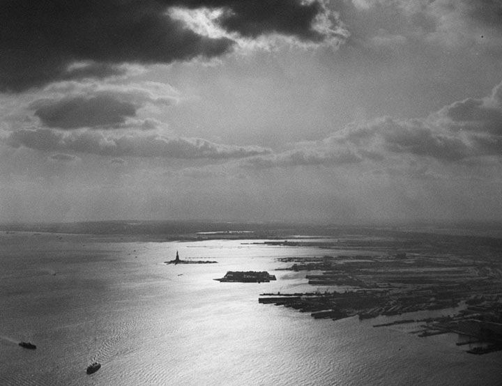 An aerial view of the Statue of Liberty in New York Harbor, on January 27, 1965.