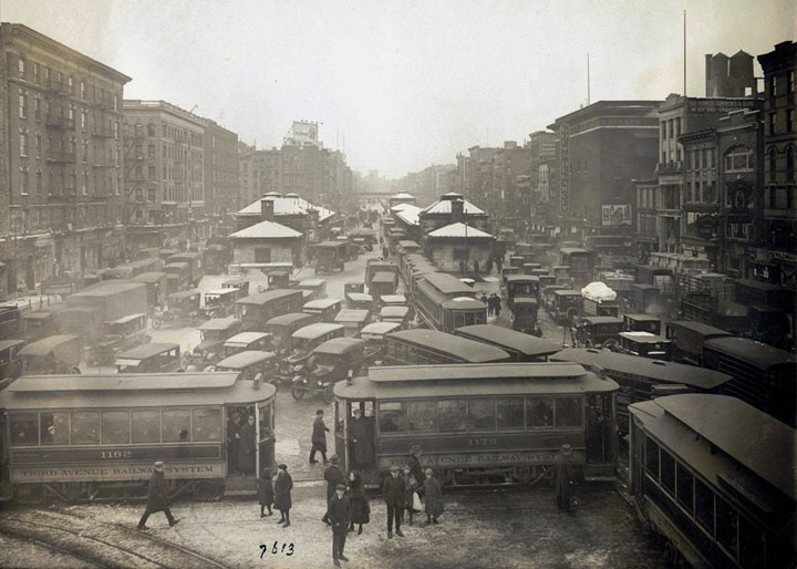 A view from the Williamsburg Bridge, looking west, showing congested traffic in Manhattan, on January 29, 1923.