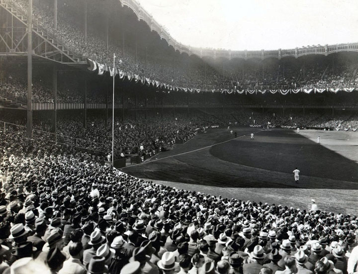 Yankee Stadium, Yankees on the field during a game, ca. 1935-1947.