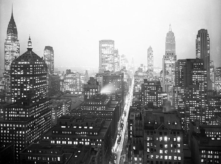 A night view of Midtown Manhattan, looking south from Madison Avenue and the 50's, ca. 1935-1941.