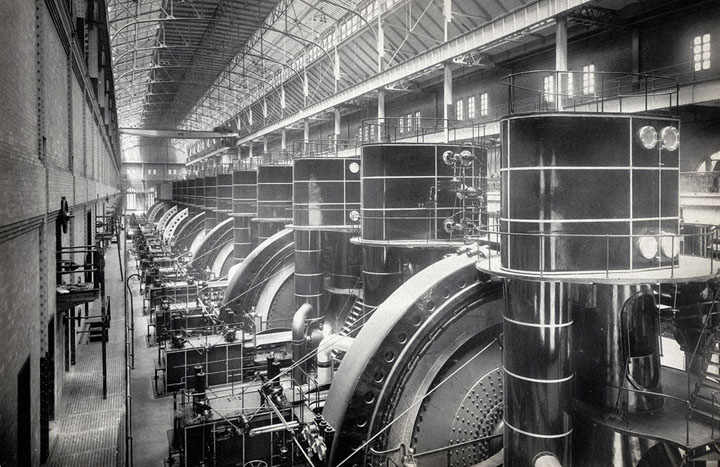Interior view of the Interborough Rapid Transit Company IRT subway powerhouse, 58th to 59th Street, ca. 1904