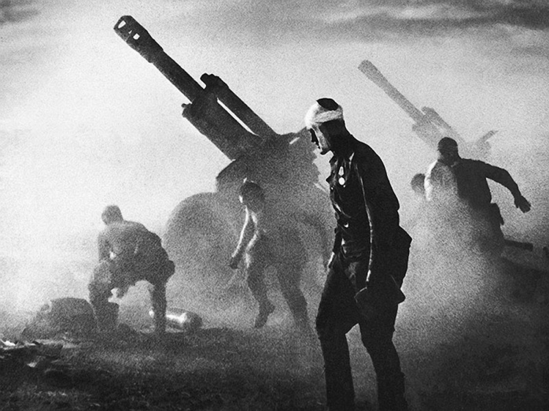 Soviet 152 mm Howitzer battery fires during Belorussian Strategic Offensive Operation, 1944.