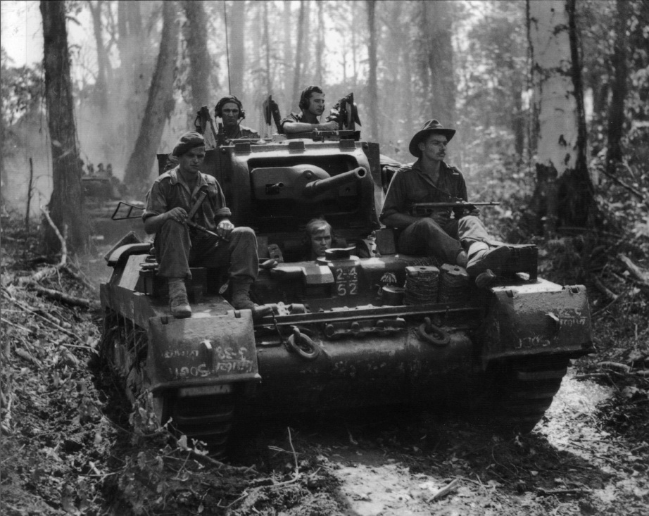 A Matilda tank of the Australian 24th Armored Regiment on the Buin Road, Bougainville, 1945.