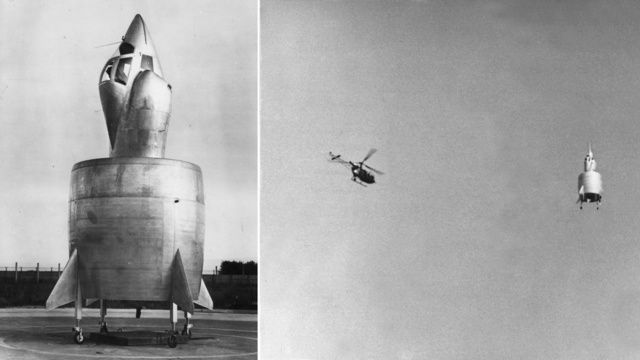 Snecma Flying Coleoptere C-450, a French experimental, annular wing aeroplane, propulsed by a turbo-reactor, able to take off and land vertically 1958.