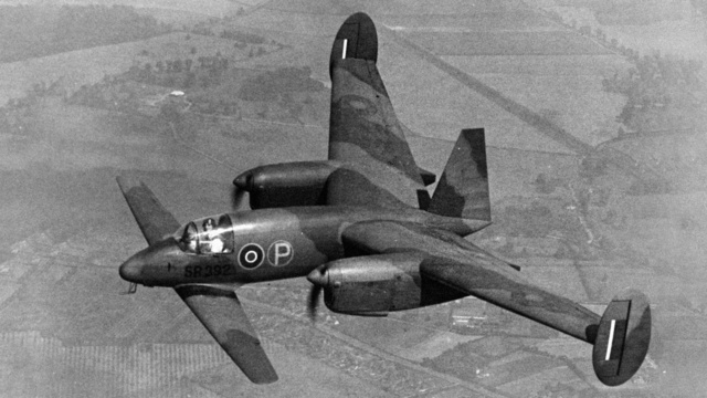 Libellula, a tandem-winged and twin-engined British experimental plane which gives the pilot an excellent view for landing on aircraft carriers 1945.