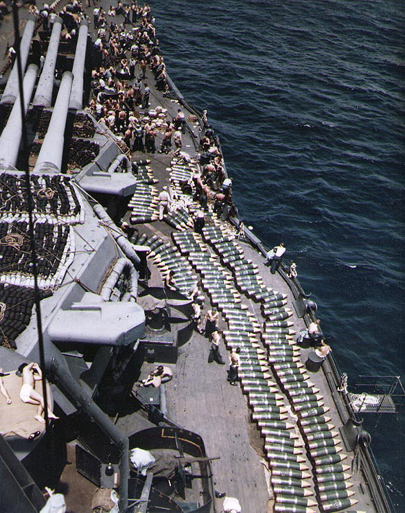 14 inch shells on the deck of the USS New Mexico in 1944.