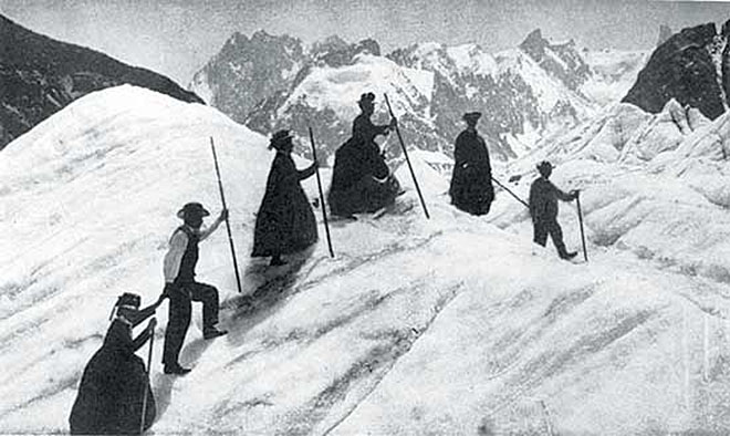 Mountain climbing in questionable attire near Chamonix in the 1890's