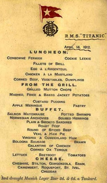 The menu for passengers aboard the RMS Titanic for April 14, 1912, and a second class dining room in an undated photo. The New York Times
