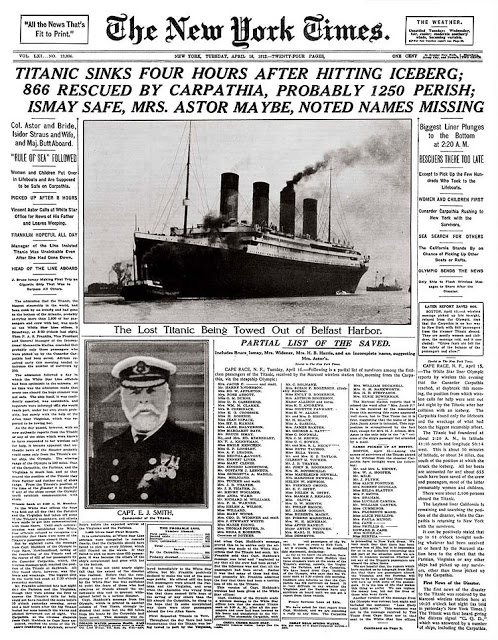 The April 16, 1912 front page of The New York Times. The New York Times
