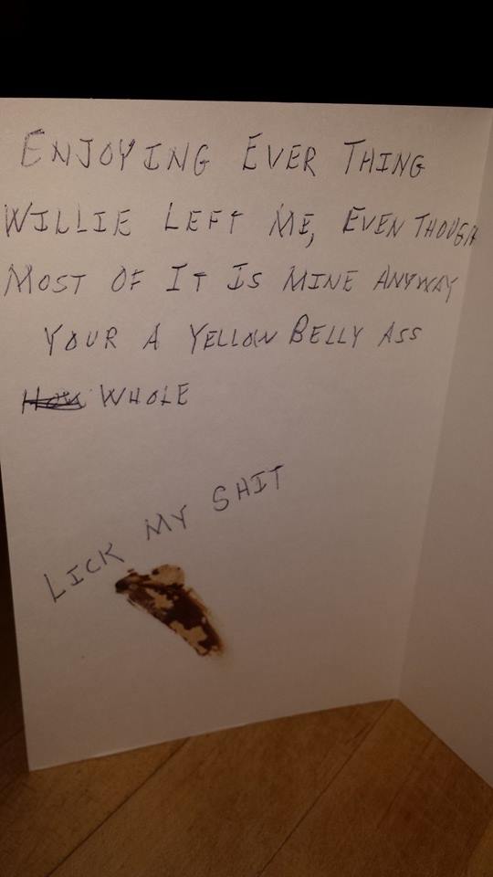 A card that a person I know received from his dead fathers 83 year old girlfriend.
