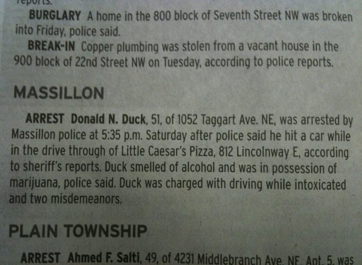 Donald Duck was arrested for DUI and weed in Canton, Ohio.