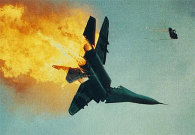 Russian MiG after colliding with another MiG at Russian air show. As you can see the pilot ejected safely.