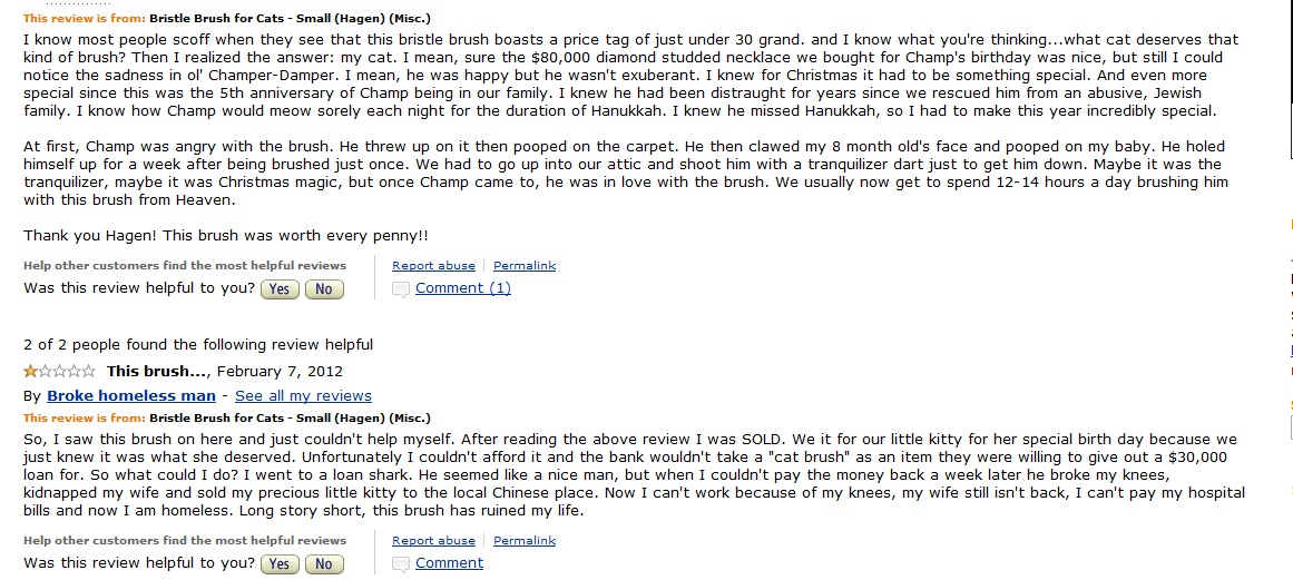 Review from the $30,000 cat brush on amazon. http://www.amazon.com/Bristle-Brush-Cats-Small-Hagen/dp/B0006L2LZA if you want to check it out.