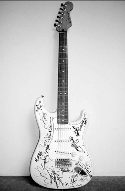 Reach Out to Asia Fender Stratocaster:  2,700,000 signed by Mick Jagger, Keith Richards, Eric Clapton, Brian May, Jimmy Page, David Gilmour, Jeff Beck, Pete Townsend, Mark Knopfler, Ray Davis, Liam Gallagher, Ronnie Wood, Tony Iommi, Angus  Malcolm Young, Paul McCartney, Sting, Ritchie Blackmore, Def Leppard and Bryan Adams