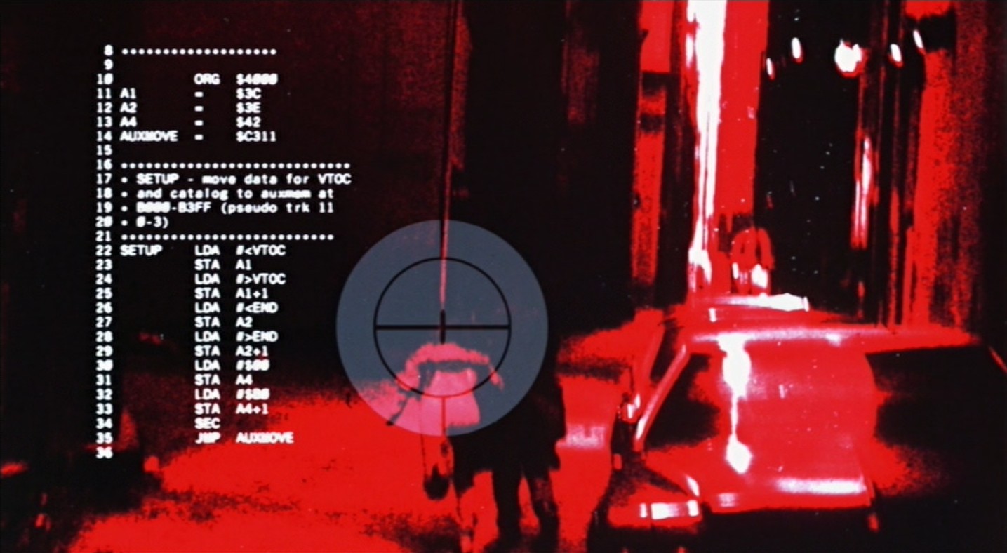 Shots through the Terminator's vision shows a dump of the ROM assembler code for the Apple II operating system. If you own an Apple II, enter at the basic prompt:  call -151  p This will give you the terminator view.