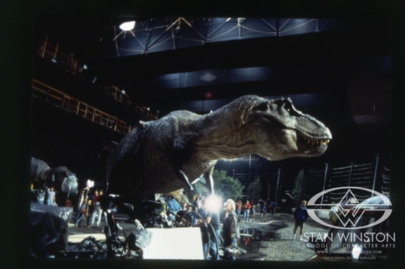 The T-rex occasionally malfunctioned, due to the rain. Producer Kathleen Kennedy recalls, "The T. rex went into the heebie-jeebies sometimes. Scared the crap out of us. We'd be, like, eating lunch, and all of a sudden a T-rex would come alive