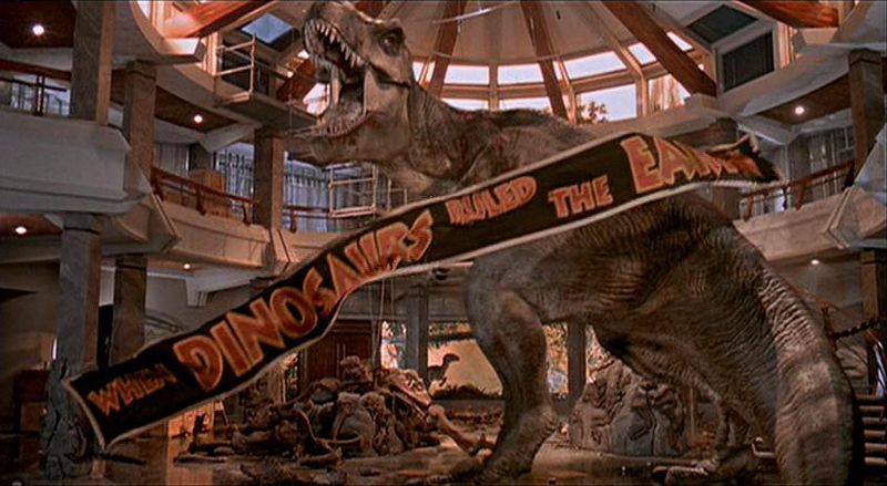 In the original script, the T-Rex skeleton in the lobby was hooked up to pulleys like a giant marionette. In the ending, Grant was going to man the controls and act as puppeteer, using the skeleton's head and feet to crush the raptors.