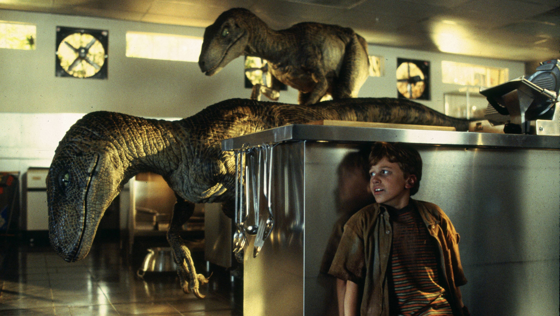 The raptors in the kitchen scene was filmed on Joseph Mazzello's birthday. Due to a misunderstanding, Joseph ran into one of the raptors on one of the takes and was injured.