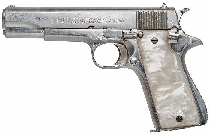 ...Jules' gun is a Star Model B 9mm pistol that has been chromed and given mother of pearl grips, too.