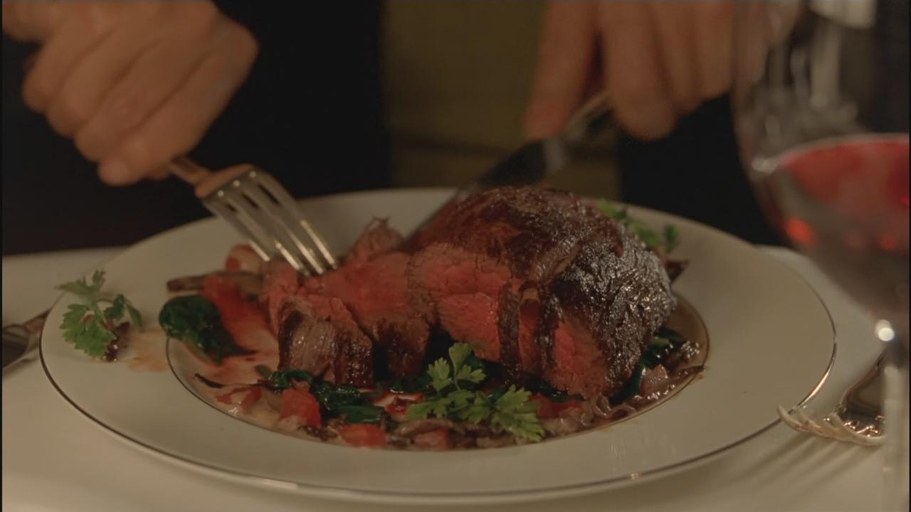 This steak looks amazing...While shooting, cast and crew had a Chinese ritual of burning incense and had roasted pig barbecues every day.