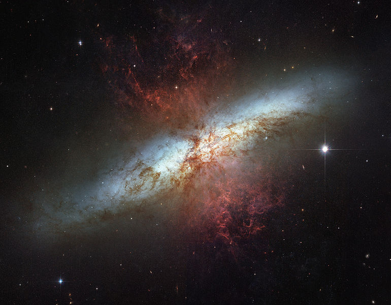 Messier 82 (also known as NGC 3034, Cigar Galaxy or M82) The starburst galaxy is five times as bright as the whole Milky Way and one hundred times as bright as our galaxy's center. 