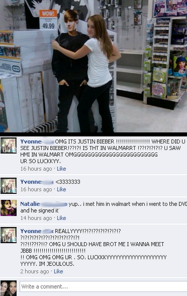 Wow! 49.99 Yvonne Omg Its Justin Bieber !!!!!!!!!!!!!!!!! Where Didu See Justin Bieber!??!?! Is Tht In Walmarrt !??!?!?!?!? U Saw Hmi In Walmart Omgggggggggggggggggggggggg Ur So Luckkyy. 16 hours ago Yvonne