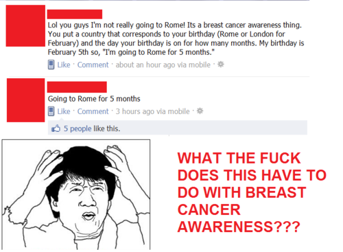 funny breast cancer awareness fb covers - you guys I'm not really going to Rome! Its a breast cancer awareness thing. You put a country that corresponds to your birthday Rome or London for February and the day your birthday is on for how many months. My b