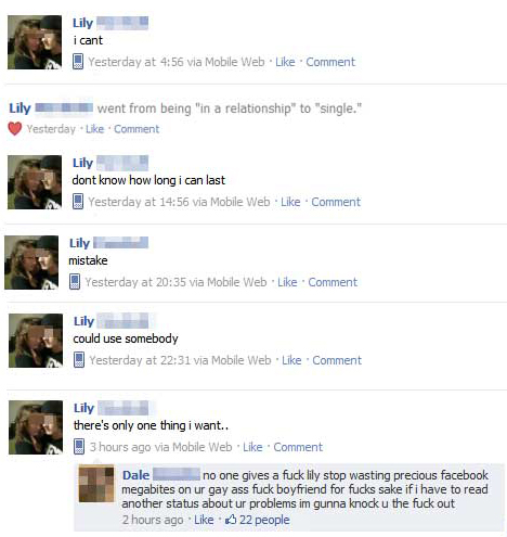 funny facebook breakups - Lily i cant Yesterday at via Mobile Web Comment Lily went from being in a relationship to "single." Yesterday. Comment Lily dont know how long i can last Yesterday at via Mobile Web. Comment Lily mistake Yesterday at via Mobile W