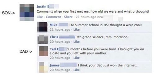 funny epic comments - Son> Justin E Commentt when you first met me, how old we were and what u thought! Comment 21 hours ago near Mike 161 Summer school in Hs! thought u were cool! 21 hours ago Chris 7th grade science, mrs. morrison! 20 hours ago Dad> Ted