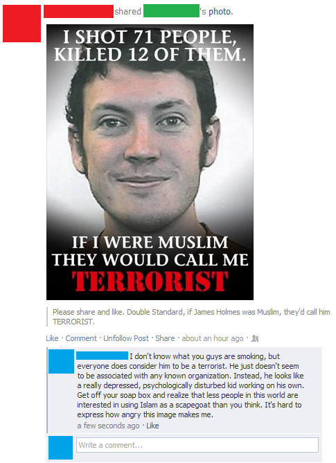 kill white people - d 's photo I Shot 71 People, Killed 12 Of Them. If I Were Muslim They Would Call Me Terrorist Please and . Double Standard, if James Holmes was Muslim, they'd call him Terrorist. Comment. Un Post about an hour ago I don't know what you