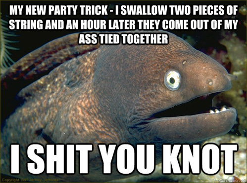 memes - bad joke eel - My New Party TrickI Swallow Two Pieces Of String And An Hour Later They Come Out Of My Ass Tied Together I Shit You Knot