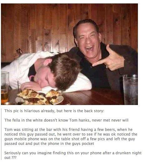 tom hanks funny - This pic is hilarious already, but here is the back story The fella in the white doesn't know Tom hanks, never met never will Tom was sitting at the bar with his friend having a few beers, when he noticed this guy passed out, he went ove