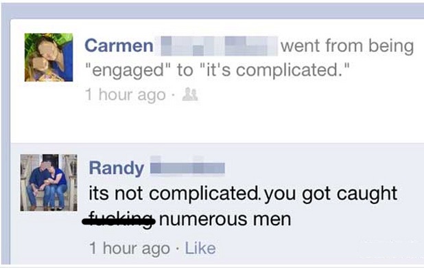 called out on social media - Carmen went from being "engaged" to "it's complicated." 1 hour ago Randy its not complicated. you got caught fucking numerous men 1 hour ago