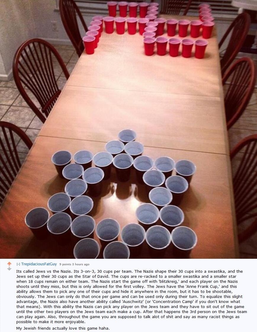 jews vs nazis drinking game - I1 TrepidaciousFatGuy 9 points 3 hours ago Its called Jews vs the Nazis. Its 3on3, 30 cups per team. The Nazis shape their 30 cups into a swastika, and the Jews set up their 30 cups as the Star of David. The cups are reracked