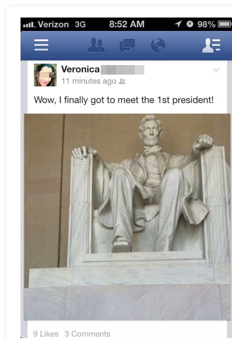 lincoln memorial - 11. Verizon 3G 1 98% Veronica 11 minutes ago Wow, I finally got to meet the 1st president! 9 3
