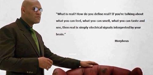 "What is real? How do you define real? If you're talking about what you can feel, what you can smell, what you can taste and see, then real is simply electrical signals interpreted by your brain." Morpheus