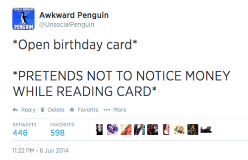web page - Awkward Penguin Open birthday card Pretends Not To Notice Money While Reading Card Delete Favorite ... More 446 Favorites 598