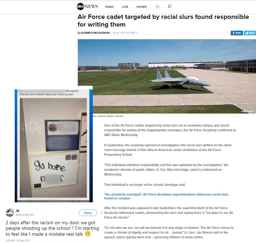 hoax vehicle - abc News Video Live Shows Air Force cadet targeted by racial slurs found responsible for writing them By Elizabeth Mclaughlin , 127 Pmet We cannot tolerate such hatred Keep your head up son! my Colorado Springs, Colorado One of the Air Forc