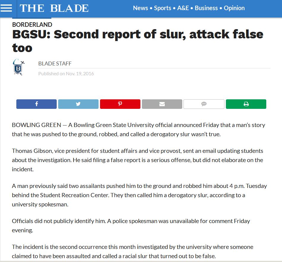 hoax web page - E The Blade News Sports A&E Business Opinion Borderland Bgsu Second report of slur, attack false too B Blade Staff Published on Nov. 19, 2016 P Bowling Green A Bowling Green State University official announced Friday that a man's story tha