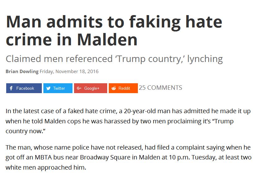 hoax document - Man admits to faking hate crime in Malden Claimed men referenced Trump country,' lynching Brian Dowling Friday, f Facebook Twitter G. Google Reddit 25 In the latest case of a faked hate crime, a 20yearold man has admitted he made it up whe