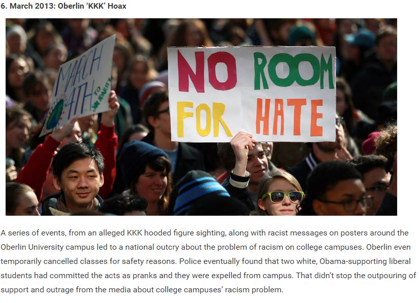 hoax crowd - 6. Oberlin 'Kkk' Hoax No Room For Hate A series of events, from an alleged Kkk hooded figure sighting, along with racist messages on posters around the Oberlin University campus led to a national outcry about the problem of racism on college 