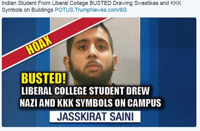 hoax news - Indian Student From Liberal College Busted Drawing Swastikas and Kkk Symbols on Buildings Potus. TrumpNewss.com6G Hoax Busted! Liberal College Student Drew Nazi And Kkk Symbols On Campus Jasskirat Saini