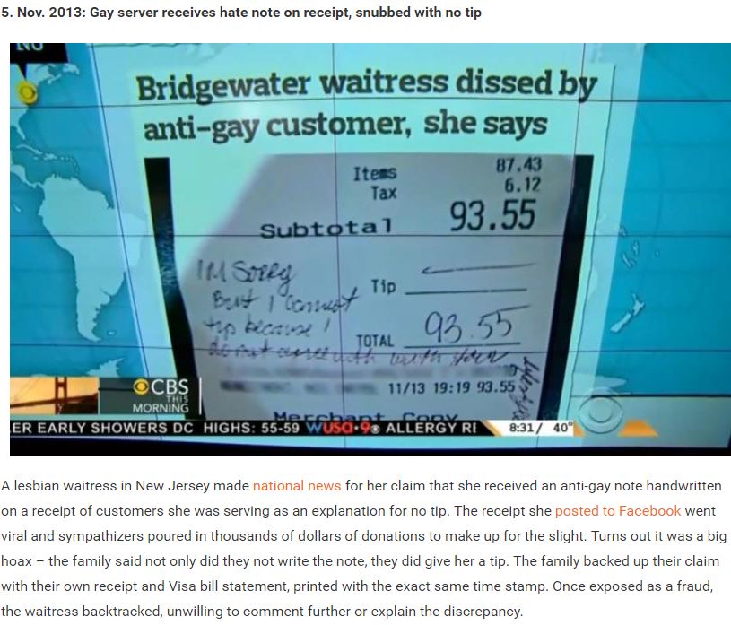 hoax presentation - 5. Nov. 2013 Gay server receives hate note on receipt, snubbed with no tip Bridgewater waitress dissed by antigay customer, she says 87.43 6.12 Itens Tax Subtotal 93.55 In Smiley Tip Total 12 1113 93.55 Ocbs Morning Er Early Showers Dc