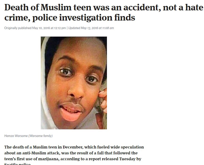 hoax lip - Death of Muslim teen was an accident, not a hate crime, police investigation finds Originally published at | Updated at Hamza Warsame Warsame family The death of a Muslim teen in December, which fueled wide speculation about an antiMuslim attac