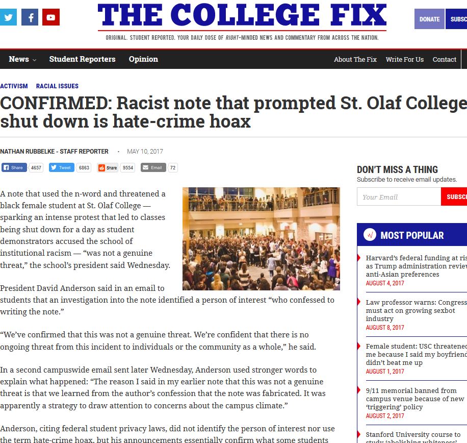 hoax web page - 0 The College Fix u sunce Original. Student Reported. Your Daily Dose Of RightMinded News And Commentary From Across The Nation. News Student Reporters Opinion About The Fix Write For Us Contact Activism Racial Issues Confirmed Racist note