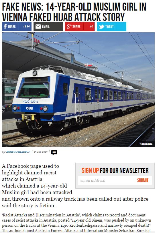 hoax track - Fake News 14YearOld Muslim Girl In Vienna Faked Hijab Attack Story f 1884 Email 8 10 Tweet 4020 2236 Obb Wilcimedia by Chris Tomlinson 511 A Facebook page used to highlight claimed racist Sign Up For Our Newsletter attacks in Austria email ad
