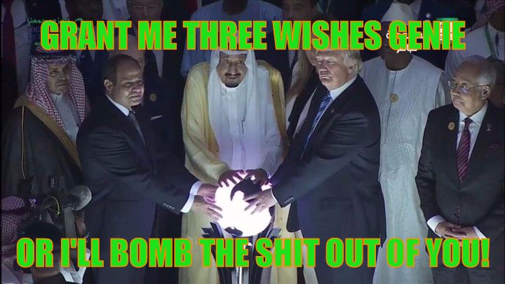 Trump rubs the magic lamp and the Genie appears