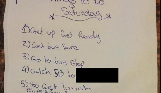 handwriting - & Saturday & 1 Get up Get Ready 2 Get bus fare 3 Go to bus stop 4 Catch 513 to 5 Go Get lunch h.ps