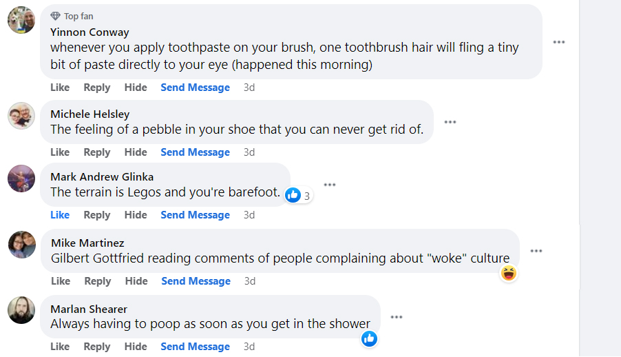 tell us tuesday - web page - Top fan Yinnon Conway whenever you apply toothpaste on your brush, one toothbrush hair will fling a tiny bit of paste directly to your eye happened this morning Hide Send Message 3d Michele Helsley The feeling of a pebble in y